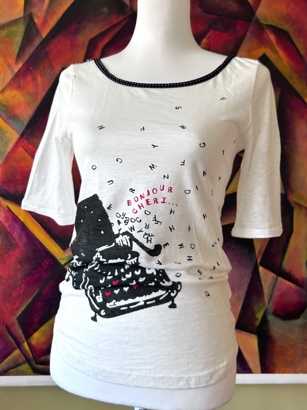 Anthropologie NWT Y2K Elbow-Length Short Sleeves Cotton White Graphic Tee Top S